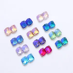 Close-up of colorful K9 glass sew-on crystal rhinestones with double holes for DIY apparel crafts.