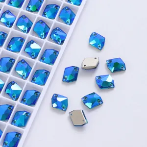 Blue flatback sew-on glass rhinestones, dual-hole fancy diamond crystals for DIY apparel bags.