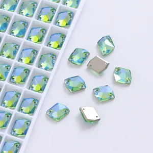 Detailed view of green AB color K9 glass sew-on rhinestones with double holes for DIY apparel.