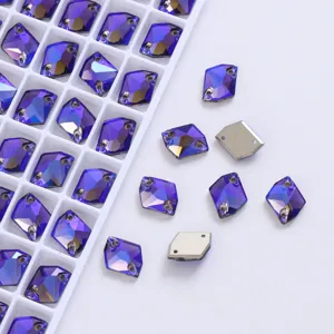 Close-up of purple AB sew-on crystal rhinestones with double holes for DIY apparel and crafts.