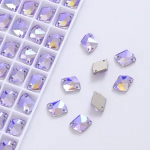 Close-up view of purple AB crystal sew-on rhinestones with dual holes for garment DIY crafts.