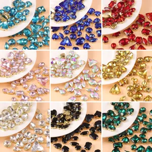 Colorful Crystal Glass Rhinestones Large Hand-Sewn Flatback Rhinestones With Gold Claw Base For Wedding Dress DIY Garment Craft Decor