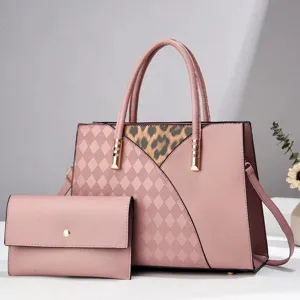 Pink PU leather handbag set with diamond pattern and leopard print detail for women closeup view.