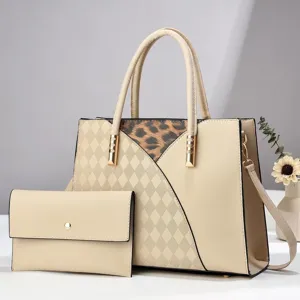 Women stylish patchwork tote bag set with leopard print large capacity shoulder handbag