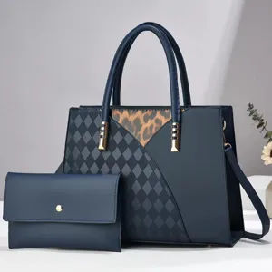 Dark blue women handbag set with geometric argyle and leopard print detail chic daily tote bag
