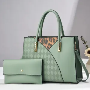 Green patchwork tote bag with leopard accent, matching purse, stylish large capacity shoulder bag.