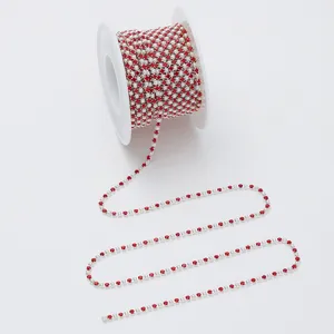 Red and white rhinestone pearl claw chain trim for garment DIY, luggage and crafts decoration.