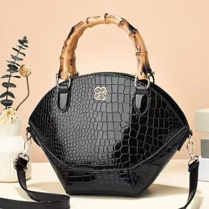 Ρετρό Mοτίβο Κροκόδειλου PU Δερμάτινη Top Handle Bag Λαβή Μπαμπού Γυναικεία Casual Χιαστί Τσάντα Ώμου