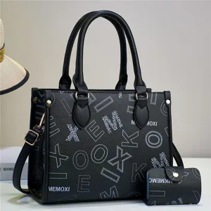 Fashion printed women tote bag with matching pouch, PU leather large capacity shoulder bag.