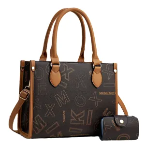 Stylish women brown tote handbag set with monogram print, large capacity shoulder bag for daily use.