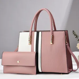 Gedetailleerd overzicht van dames colorblock handtassen set met shopper en clutch.