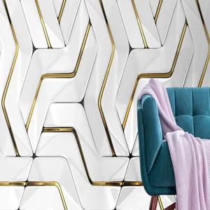 Modern 3d geometric wall panel background with elegant sofa and pink throw blanket home decor.