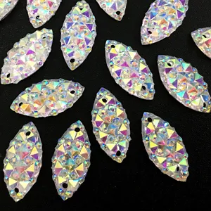 Marquise resin rhinestones dual-hole AB flatback crystals for DIY jewelry crafting.