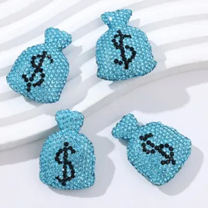 Blue rhinestone money bag charm pendant detailed view, handmade DIY beaded 3D accessory.