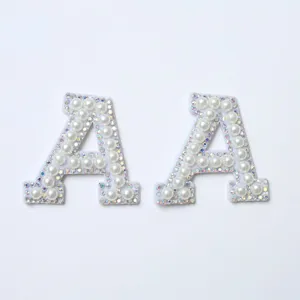 Pearl rhinestone letter A patch detail, sparkly DIY clothing accessories for hats, bags and shoes.
