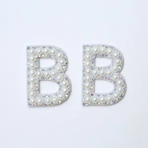 Rhinestone pearl letter B patch, dazzling crystals with faux pearls for DIY apparel decor.