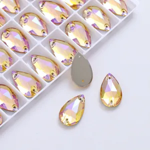 Teardrop crystal rhinestones detail showing double holes and AB color coating for DIY crafts.