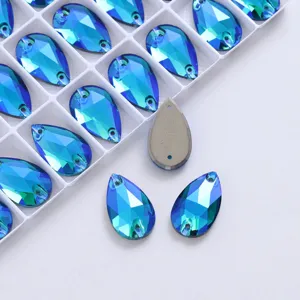 Blue teardrop glass rhinestone crystals with double holes for DIY jewelry clothing sewing accessories