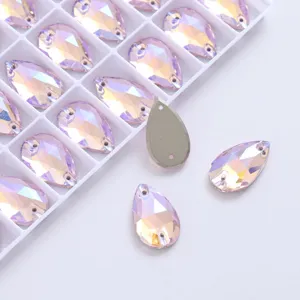 K9 crystal glass drop sew-on rhinestones with AB coating, ideal for DIY clothing and crafts.