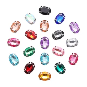 Strass in vetro ovale colorato da cucire con montatura ad artiglio in metallo per abiti fai-da-te.