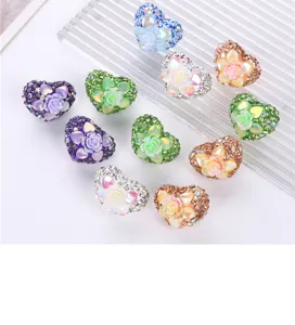 Heart shaped clay flower rhinestone DIY charms beads crafting jewelry making accessories wholesale
