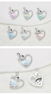 Silver rhinestone swan heart pendant, colorful teardrop opal charm for DIY jewelry making.
