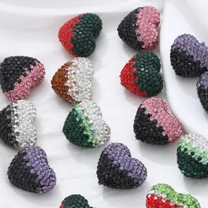 Gradient rhinestone heart beads, handmade DIY jewelry accessories, direct-hole charm beads.