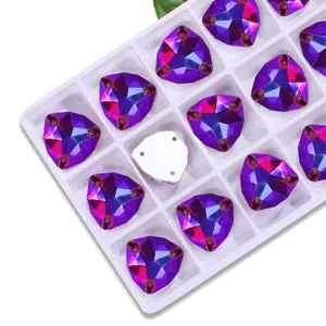 Fat triangle flatback sew-on rhinestones, AB crystal glass stones for DIY garment craft accessories.