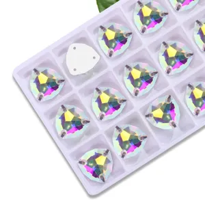 Detail view of fat triangle AB glass flatback sew-on rhinestones, perfect for DIY crafts.