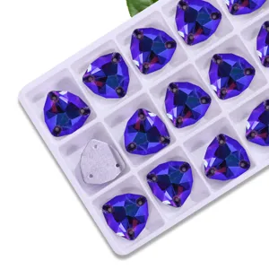 Fat triangle glass sew-on rhinestones with AB coating, sparkly DIY garment accessories.