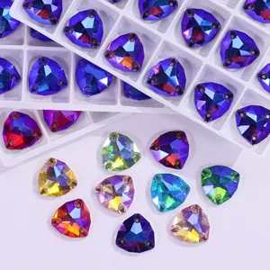 Fat triangle sew-on rhinestones, AB color glass flatback crystals for DIY clothing accessories.