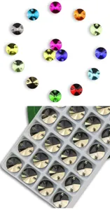 Colorful round glass sew-on crystals with double holes for garments, shoes, and craft decor.
