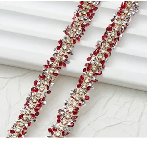 Chaîne de strass thermocollante de 0,9 cm rouge et cristal transparent pour accessoires de vêtements