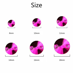 Round glass sew-on rhinestones size chart 8mm to 18mm pink crystal buttons for DIY crafts.