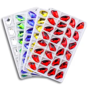 Colorful axe-shaped double hole sew-on glass rhinestones for DIY wedding dresses.