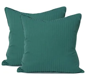 Dark green striped throw pillow cover detail, textured fabric cushion case for modern sofa decor.