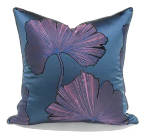 Blue purple ginkgo leaf pattern throw pillow cover, exquisite detail of luxury cushion case.