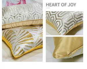 Beige gold decorative throw pillow cover with modern geometric pattern and elegant golden piping.