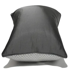 Dark grey satin sofa pillow cover detail view, modern luxury chevron pattern cushion case.