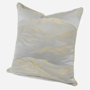 Light grey decorative throw pillow cover with abstract gold lines and piping for sofa bedroom 45x45