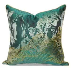 Housse de coussin de luxe style chinois avec broderie paysagère abstraite verte pour salon