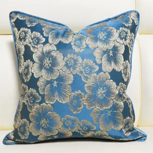 Blue floral jacquard cushion cover, luxury sofa throw pillow case for home decor and living room.