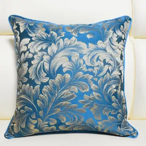 Luxury blue and gold floral jacquard throw pillow cover for modern sofa and living room decor.