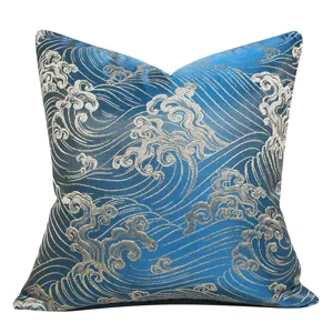 New Chinese style blue jacquard throw pillow cover with traditional wave pattern for sofa.