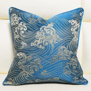 Luxurious new Chinese style throw pillow cover with elegant blue and silver wave jacquard design.