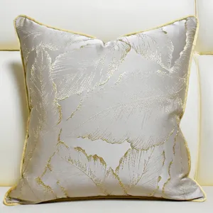 Luxury gold leaf jacquard throw pillow cover, elegant botanical cushion case for sofa decor.