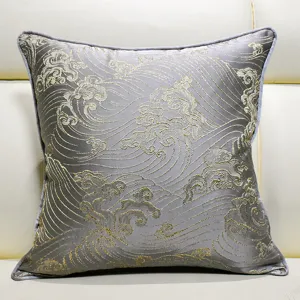New Chinese style grey sofa cushion cover, luxury gold embroidered jacquard throw pillow detail.