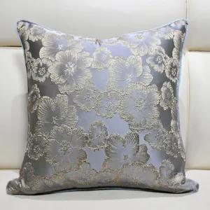 New Chinese style sofa cushion cover with elegant floral jacquard pattern in greyish blue.