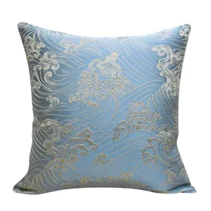 Blue jacquard sofa cushion cover with silver wave pattern, elegant decorative pillow case.