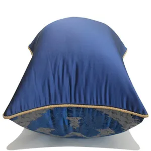 Gros plan détaillé du coussin bleu avec passepoil doré luxueux et motif géométrique.